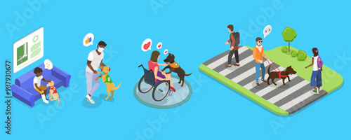 3D Isometric Flat Vector Illustration of Guide Dogs , Providing Independence and Support for Individuals with Visual Impairments