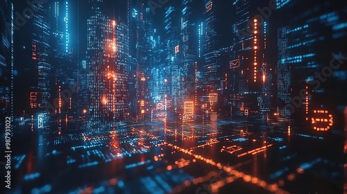 Wallpaper Mural Futuristic cityscape illuminated by neon lights in vibrant blue and orange tones, ideal for technology or cyber themes. Torontodigital.ca