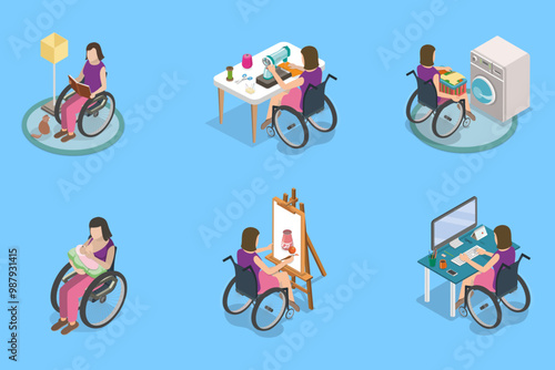 3D Isometric Flat Vector Illustration of Disabled Character and Household Chores, Home Tasks Completion