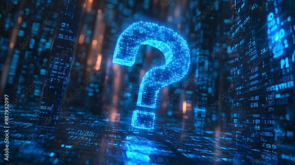 Fototapeta premium question mark blue neon lighting tech technology ask for help faq digital concept network communication connection net connected points glowing