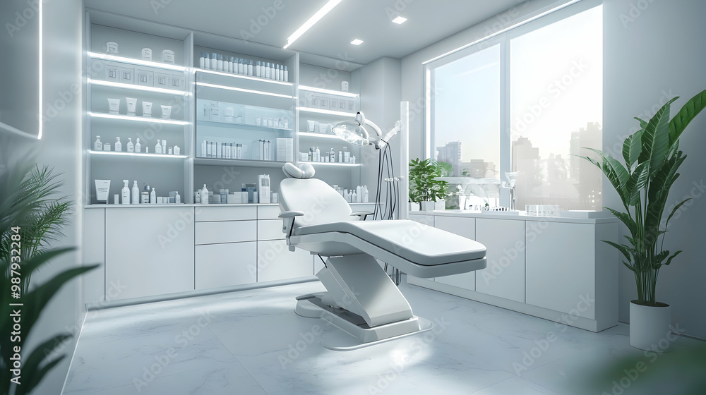 Cosmetologist's empty office with care cosmetics and massage table in a modern beauty salon. Medical cabinet interior. Modernized cosmetic center for health care. Generative AI Cosmetologist's empty office with care cosmetics and massage table in a modern beauty salon. Medical cabinet interior. Modernized cosmetic center for health care. Generative AI