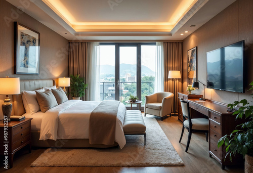 Luxurious hotel room with modern design, inviting decor, and natural light for a cozy retreat.