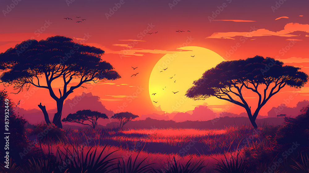 Vector illustration of an african landscape at sunset. Savannah Sunset. Illustration Vector illustration of an african landscape at sunset. Savannah Sunset. Illustration
