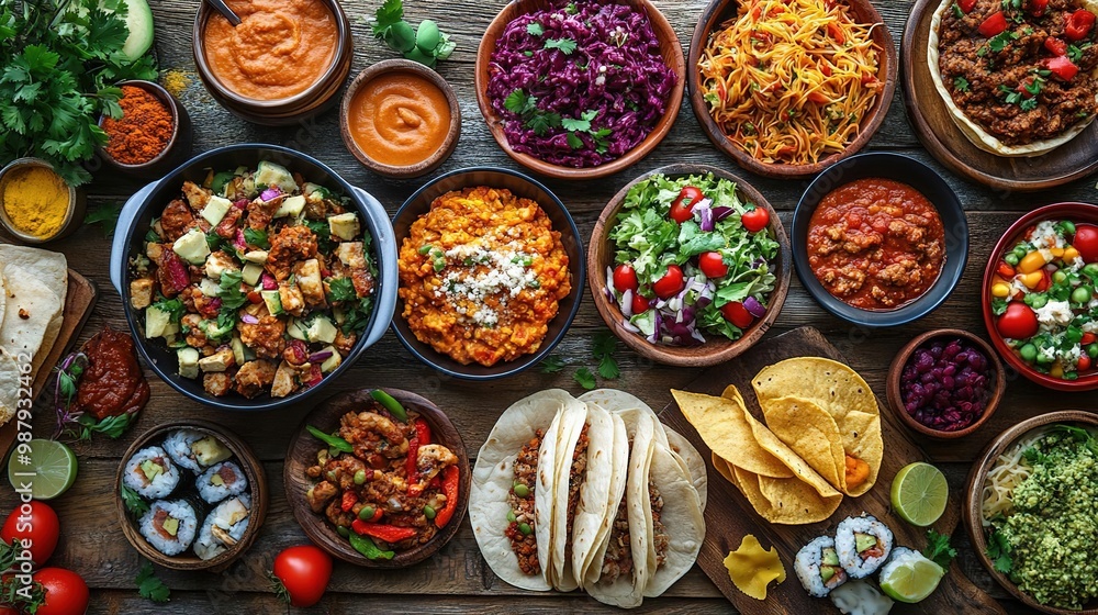 A vibrant array of delicious dishes featuring tacos, sushi, and fresh vegetables beautifully arranged for a festive meal. A vibrant array of delicious dishes featuring tacos, sushi, and fresh vegetables beautifully arranged for a festive meal.