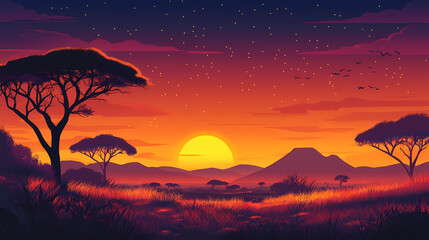 Leinwandbilder Purpur Vector illustration of an african landscape at sunset. Savannah Sunset. Illustration  © Thiago