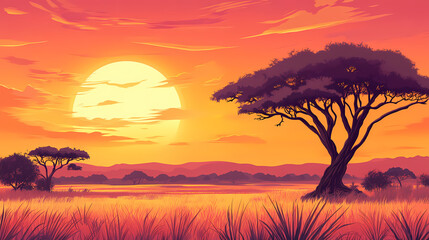 Papier peint photo Corail Vector illustration of an african landscape at sunset. Savannah Sunset. Illustration  © Thiago