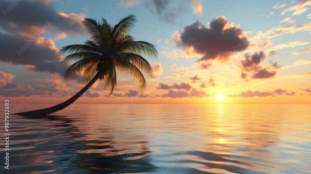 Tropical beach sunset background featuring a palm tree for travelers picture Tropical beach sunset background featuring a palm tree for travelers picture