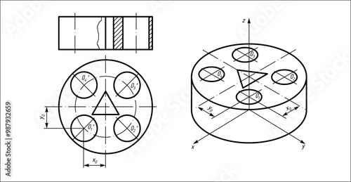 Vector drawing of steel cast mechanical part with through holes
and dimension lines.
Engineering computer cad scheme. Technical template 
on white sheet of paper. 3d model.