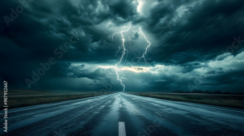 A dramatic road under a stormy sky, with lightning flashing in the distance and dark clouds looming.