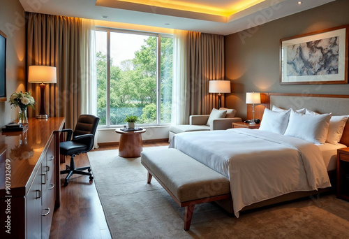 Luxurious hotel room with modern design, inviting decor, and natural light for a cozy retreat.