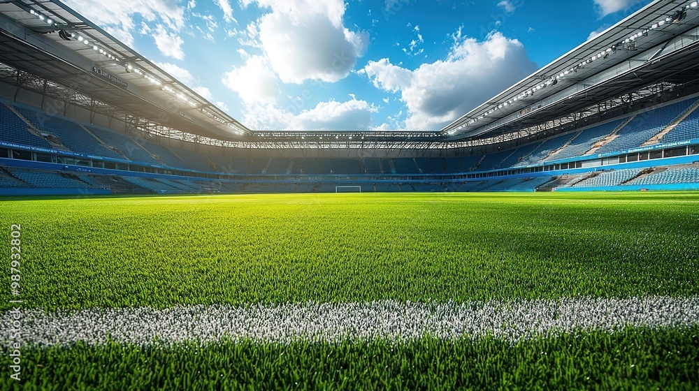 Fototapeta premium Vibrant green soccer field under a blue sky, stadium lights illuminating the pitch, perfect for sport or event-themed visuals.