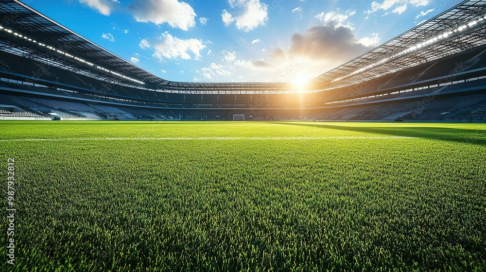 Fototapeta premium A stunning view of a sports stadium at sunrise, showcasing a vibrant green field and an expansive sky filled with clouds.
