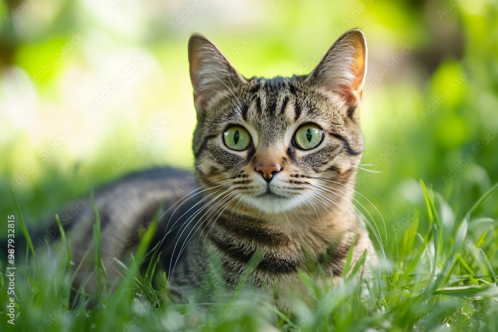 Cute tabby cat laying in green grass, looking at the camera Cute tabby cat laying in green grass, looking at the camera