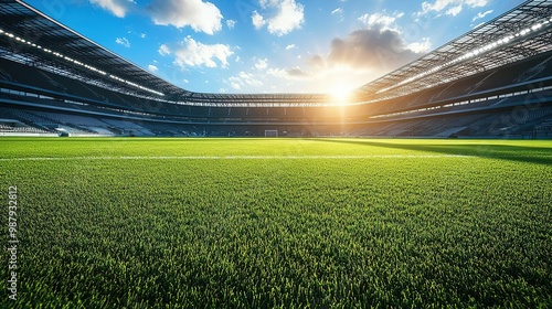 A stunning view of a sports stadium at sunrise, showcasing a vibrant green field and an expansive sky filled with clouds.