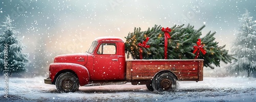 A charming red truck laden with a festive Christmas tree, surrounded by a serene snowy landscape, evoking holiday cheer and nostalgia.