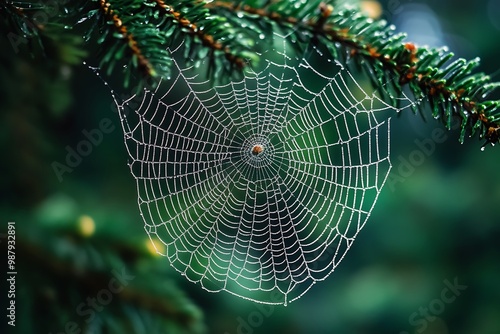 Dew Drops on a Spider Web in a Forest