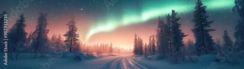 A breathtaking winter landscape featuring the Northern Lights illuminating a snowy path through towering conifer trees.