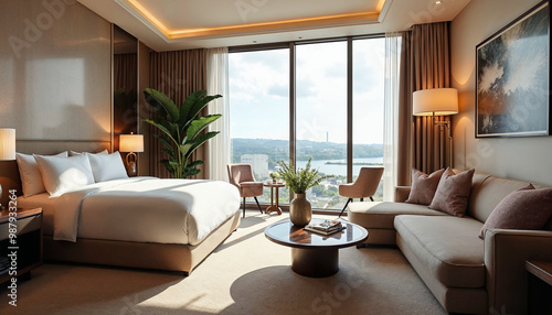 Luxurious hotel room with modern design, inviting decor, and natural light for a cozy retreat.