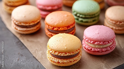 Macaroon dessert on light background. Colorful pastel macarons close up, generated AI