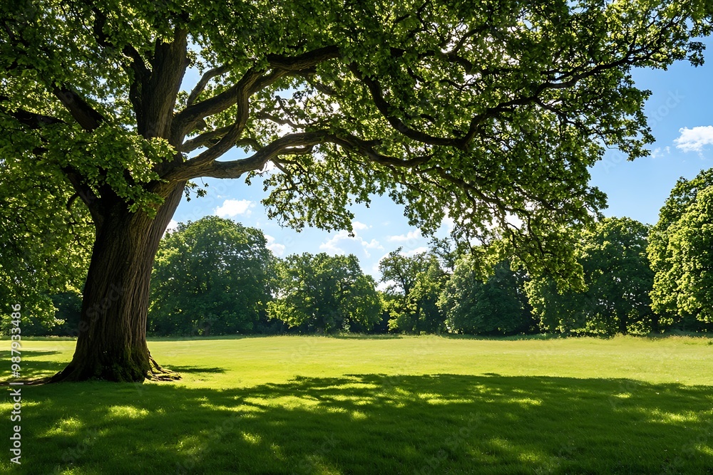 Obraz premium Tranquil Green Meadow with Large Oak Tree and Sunny Sky