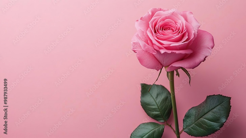 A beautiful pink rose against a soft pink background, symbolizing love and affection with its vibrant petals and lush leaves. A beautiful pink rose against a soft pink background, symbolizing love and affection with its vibrant petals and lush leaves.