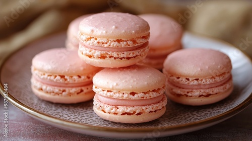 Macaroon dessert on light background. Colorful pastel macarons close up, generated AI