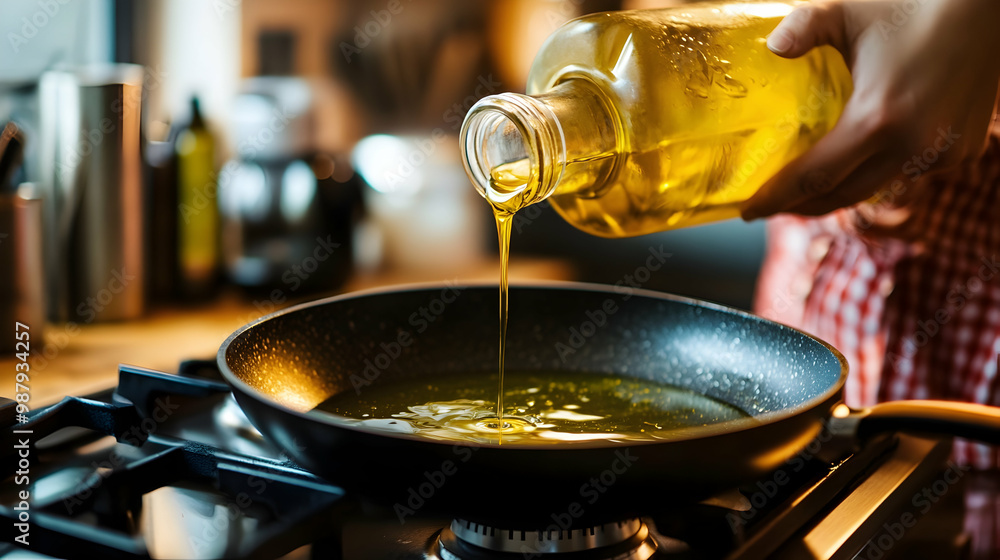Man pouring sunflower oil on frying pan in kitchen. AI Generative Man pouring sunflower oil on frying pan in kitchen. AI Generative