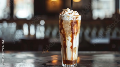 Indulgent Iced Coffee Drink with Whipped Cream and Chocolate Syrup in Cozy Cafe Setting