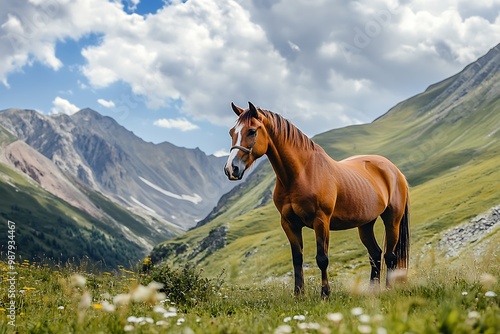 Brown horse standing in green meadow in front of mountains