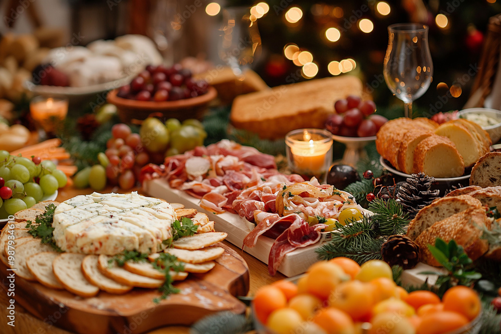 Festive, laid table with Christmas dinner, New Year celebration, variety of foods, appetizers, cheeses, fruits, ham, candles, holiday, Christmas concept Festive, laid table with Christmas dinner, New Year celebration, variety of foods, appetizers, cheeses, fruits, ham, candles, holiday, Christmas concept