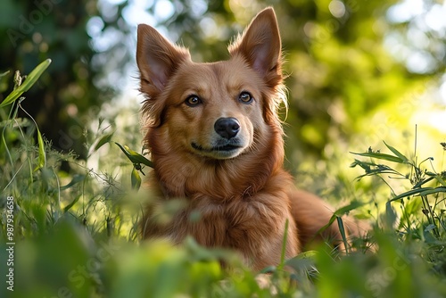 Red Dog Laying in Grass with Green Background photo