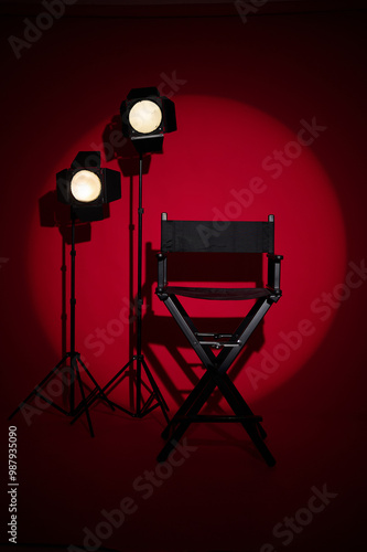 Silla de cine y spotlights de estudio