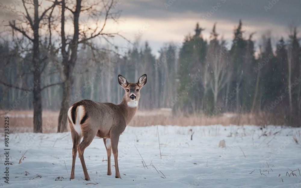 A lone deer stands in a snowy field, looking back at the camera with a forest background. A lone deer stands in a snowy field, looking back at the camera with a forest background.