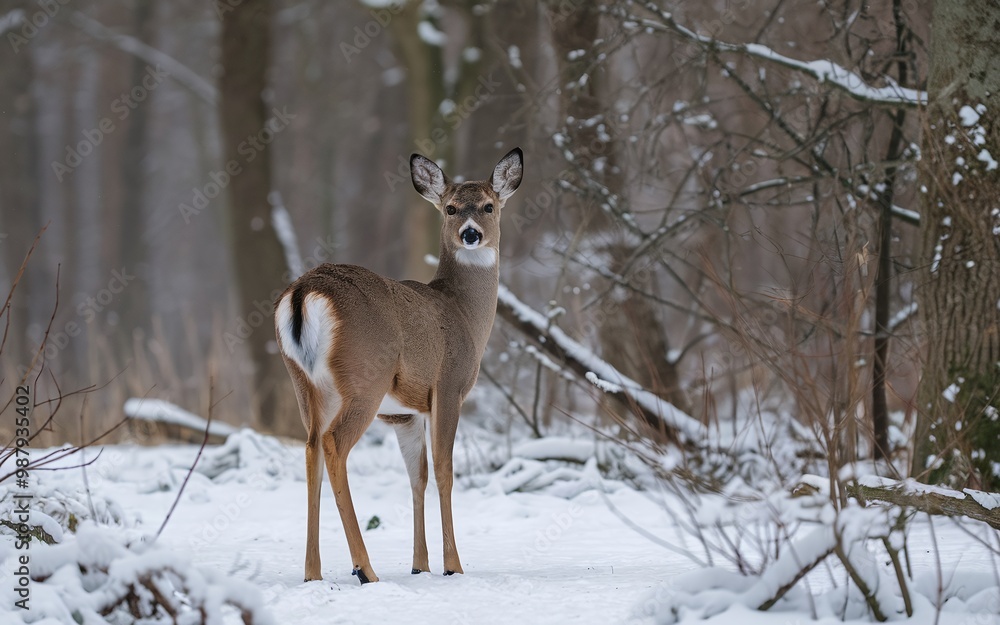 A white-tailed deer stands in a snowy forest, looking back at the camera. A white-tailed deer stands in a snowy forest, looking back at the camera.