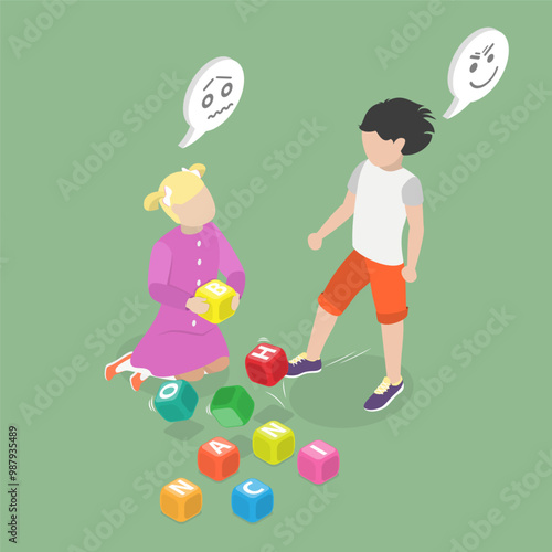 3D Isometric Flat Vector Illustration of Abusive Behavior, Toys Being Kicked by Aggressive Bully