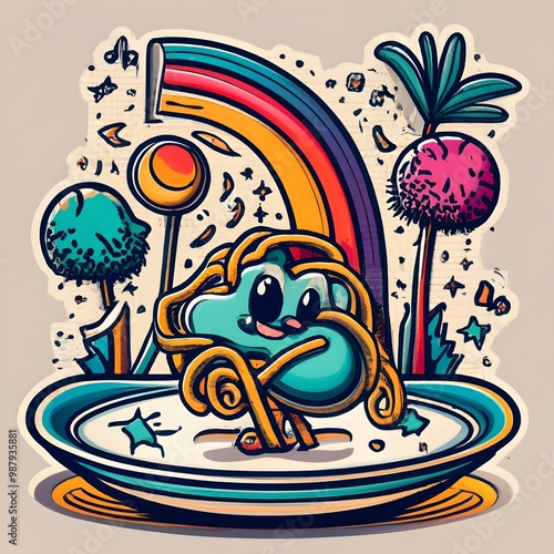 A surreal scene featuring palm trees growing from a plate of noodles with a rainbow and crescent moon.
 photo