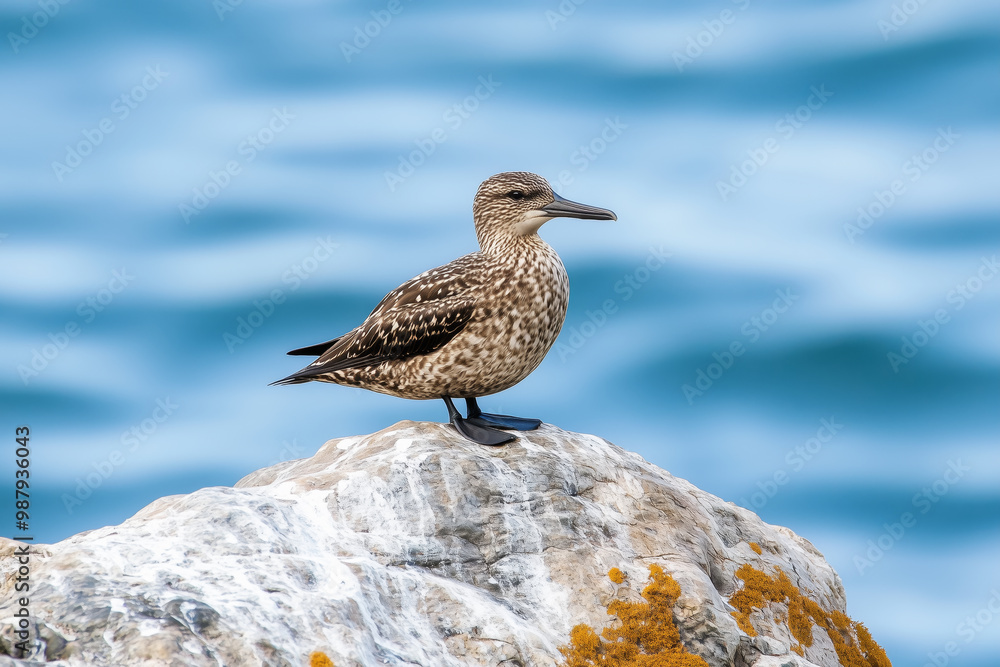 Obraz premium A speckled seabird calmly perches on a rock by the ocean, with a serene blue water backdrop
