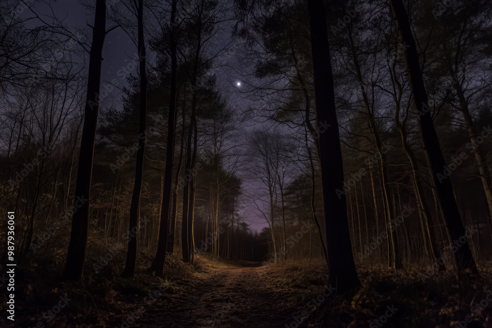 A dark forest path illuminated by moonlight, with tall trees silhouetted against a night sky filled with stars and the crescent moon A dark forest path illuminated by moonlight, with tall trees silhouetted against a night sky filled with stars and the crescent moon