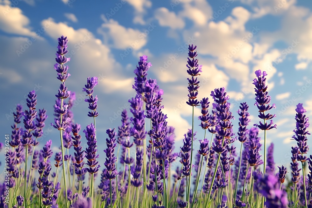 Closeup of purple lavender flowers against a blue sky with white clouds Closeup of purple lavender flowers against a blue sky with white clouds