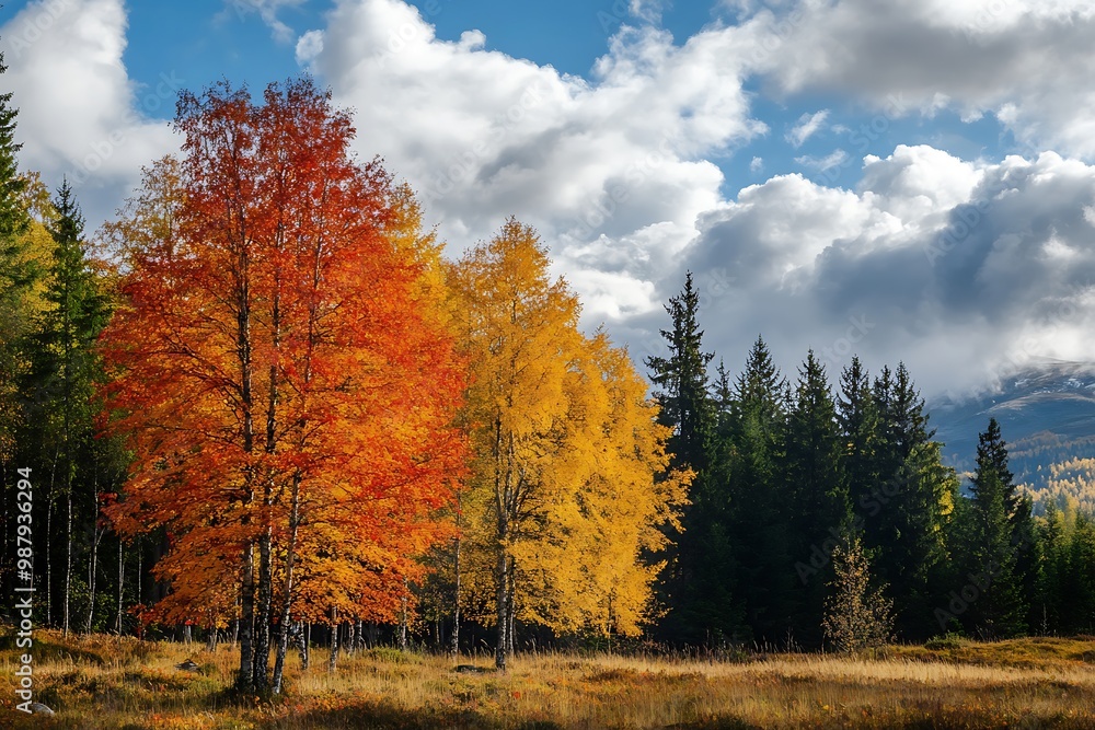 Autumn foliage in a forest with bright orange and yellow trees Autumn foliage in a forest with bright orange and yellow trees
