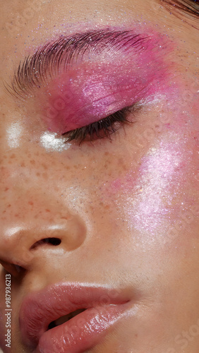 Wallpaper Mural Close-up Portrait of a Woman with Shimmering Pink Glitter Eye Makeup and Glossy Lips, Featuring Freckled Skin and a Soft Glow Torontodigital.ca