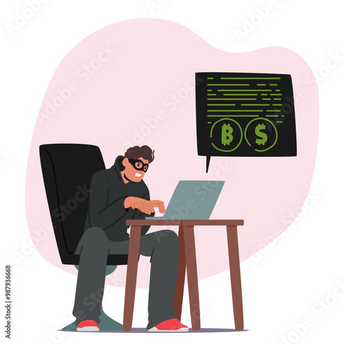 Cartoon Thief Wearing A Mask While Hacking On A Laptop. Vector Concept Represents Cybercrime And Technology Misuse