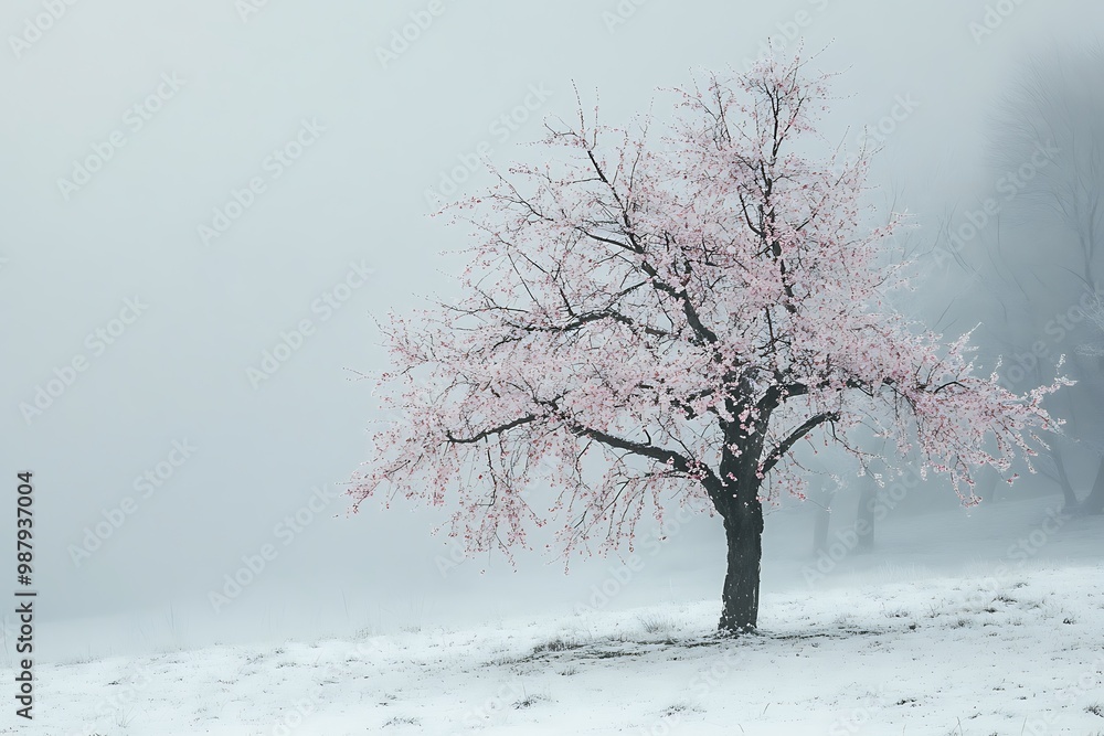 Fototapeta premium Solitary Tree in Winter Landscape with Fog and Snow