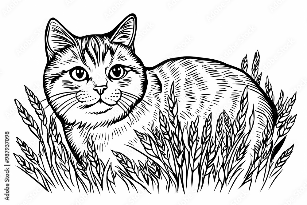 Obraz premium Adorable cat coloring page for children, perfect for creative stock illustrations.
