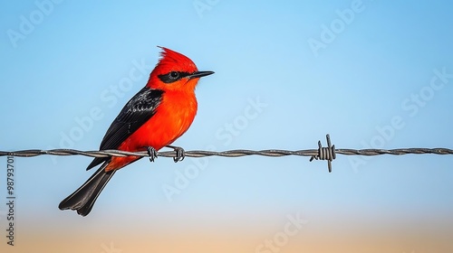 A vibrant red bird perched on a barbed wire against a clear blue sky, showcasing stunning colors and details.