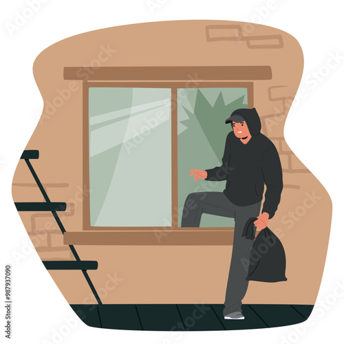 Thief Entering A House Window With A Bag In Hand. Burglar Wears A Dark Outfit And Uses A Ladder To Access The Building