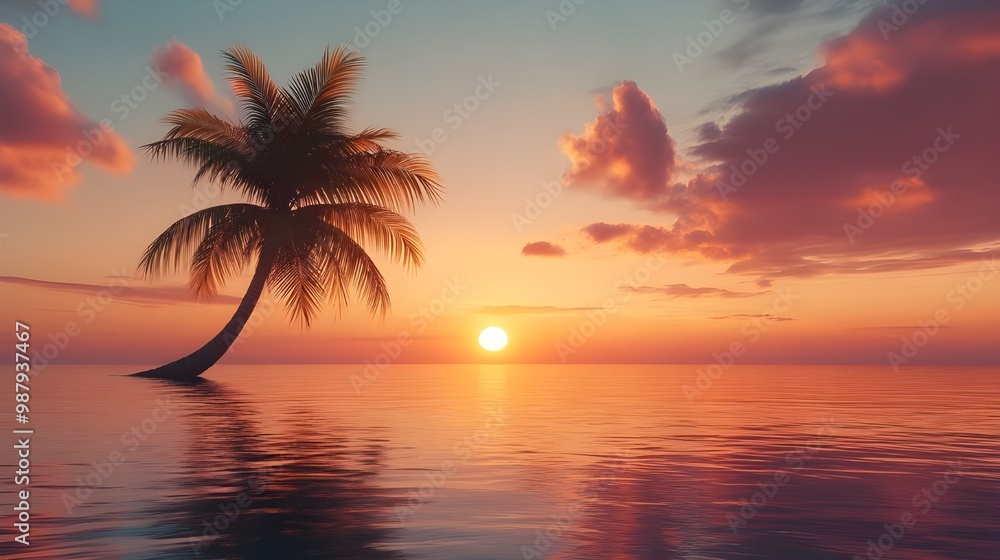Travelers' picture featuring a tropical beach sunset with a palm tree image Travelers' picture featuring a tropical beach sunset with a palm tree image