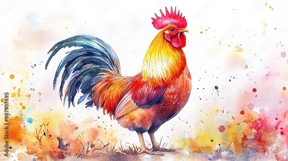 Fototapeta premium Vibrant watercolor painting of a proud rooster, showcasing bold colors and artistic flair, perfect for farm-themed designs.