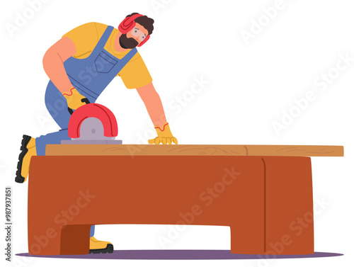 Carpenter In Protective Gear Using A Power Saw For Woodworking On A Large Wooden Table Highlighting The Art Of Carpentry