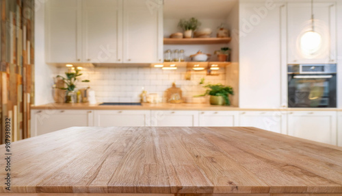 Stylish marble tabletop on wooden platform with copyspace for your logo at blurry kitchen utensils and dishes on light wall background. 3D rendering, mock up